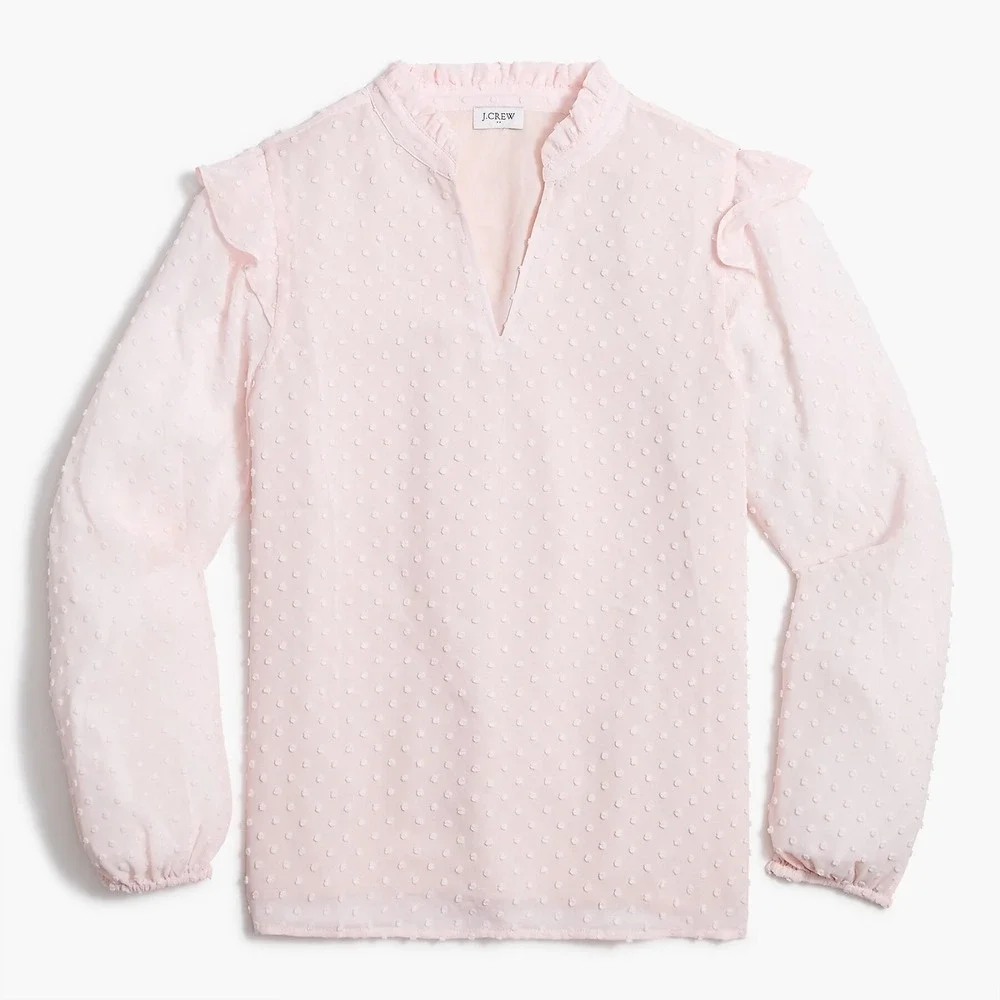 J. Crew V-Neck Ruffle‎ Top Womens 2XS Pink Clip Dot Linen Balloon Sleeve Blouse
